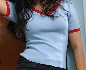 Cute Blue Ringer Tee V Shaped Neck