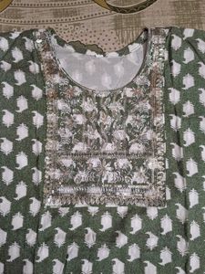 Postal Green Printed Kurti with Embroidered Neck