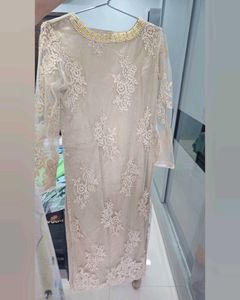 🪄Elegant Beige Embroidered Dress with Lime Green