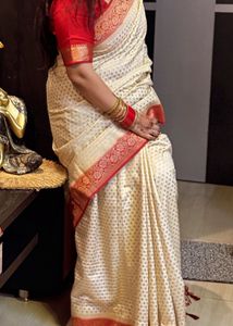 Elegant White & Red Banarasi Saree  Wore Only Once