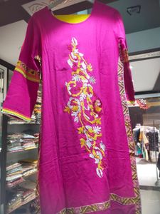 Pink &amp; Yellow Embroidered Kurti