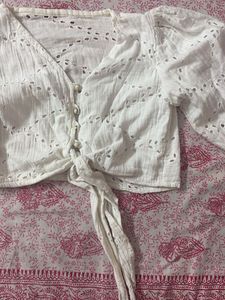 White Chikankari Crop Top Witj Tie Up