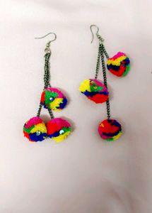 Pack Of 3 Colourful Pom Hanging Earings