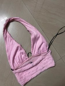 h&amp;m pink halter neck crop top