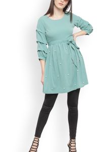 Cute Aqua Pearl Embellished Dress