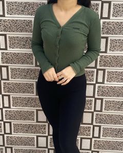Green Ribbed Button-Down Top