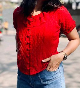Red Ruffled Swiss Dot Blouse