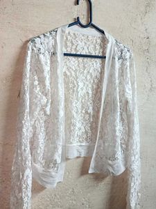 Stylish See-through Lace Crop Shrug White
