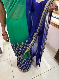 Elegant Green &amp; Blue Embroidered Saree