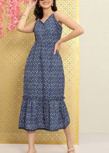 House of Pataudi Navy Blue A-Line Midi Dress