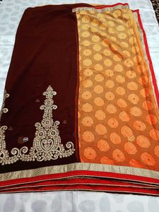 Elegant Brown &amp; Gold Embroidered Saree