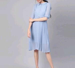 SASSAFRAS Blue Peterpan Pleated Belted Midi Dress