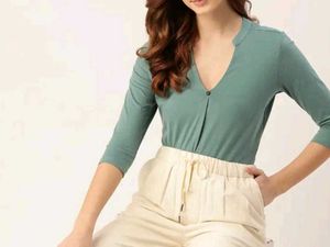 Green V- Neck & Recycled Regular Top