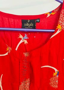 Red A-line Kurta | Stone Design At Center