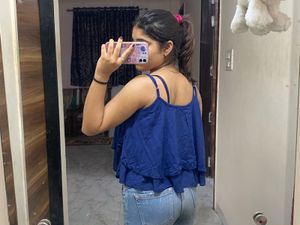 blue embroidered half sleeves flared top