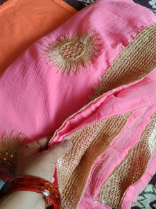 Pink Saree with Gold Embroidery