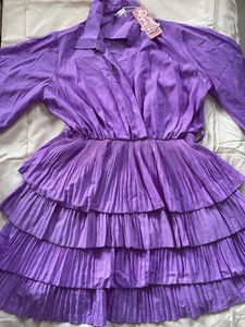 Pleated Ruffle Mini Shirt Dress