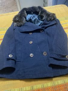 Navy Blue Coat Faux Fur Collar