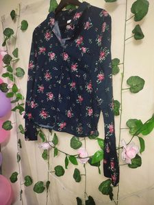 Floral Print Navy Blue Shirt For Office Wear.