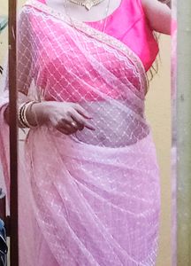 Baby Pink Net Saree With Lace Border