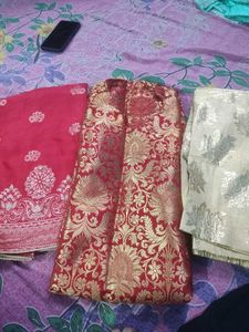 red and off white colour banarasi suit