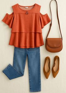 Chic Rust Orange Layered Cold Shoulder Top – Size