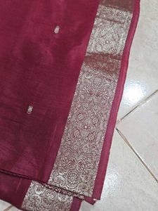 Elegant burgundy Saree with silver border