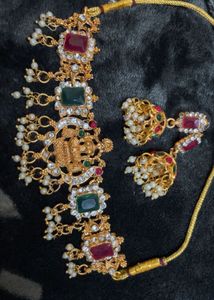Gold Plated Lakshmi Devi green beads choker