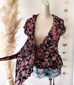 Navy Blue Floral Print Ruffled Wrap Top