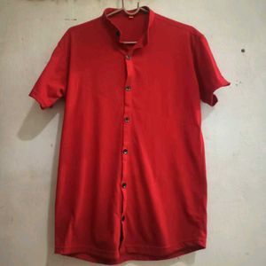 Red Mandarin Collar Button-Down