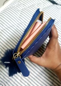 Navy Studded Wallet with Pom