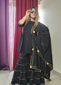 Black &amp; Gold Accent Sharara Suit