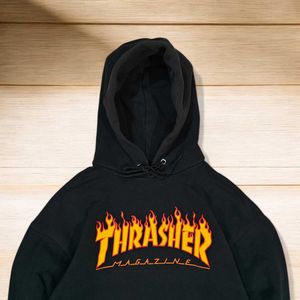 'Thrasher' Flame Logo Black Hoodie, Washed Look