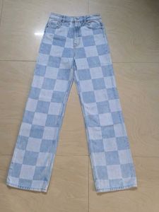 Checkered Pattern Denim Jeans