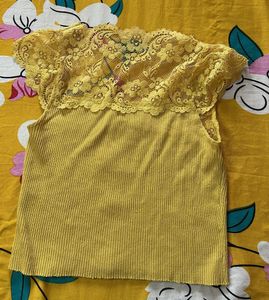 Yellow Lace Ribbed Tank Top