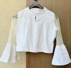 White Sequin Bell Sleeve Top