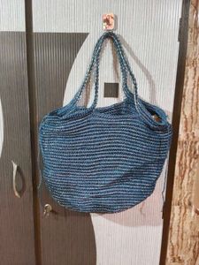 Blue Striped Woven Tote Bag