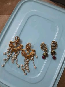 Elegant Gold & Pearl Drop Earrings (Set of 2)
