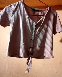 Ribbed Tie-Front Button-Up Top