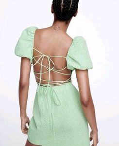 ZARA - Green Gingham Check Puff Sleeves Dress