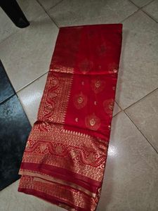 Bright Red Cotton Silk Blend Saree