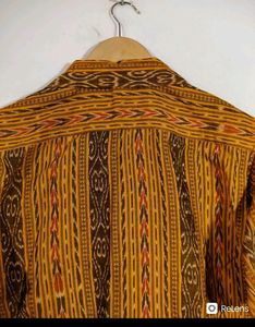 Yellow and Brown Ikat Print Half Sleeve Button Dow