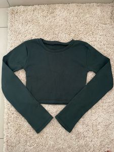 Ribbed Long Sleeve Fitted Crop Top - Dark Green