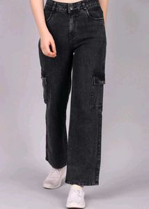 Wide Leg Black Denim Cargo Jeans
