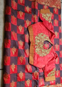 Red & grey  Checked Saree