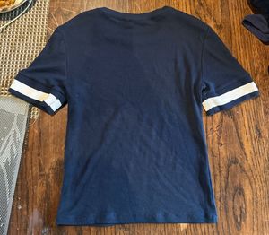 Navy Tee with Striped Sleeves