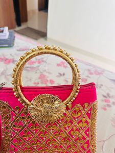 Heavy Pink Embroidered Gota patti Potli Bag