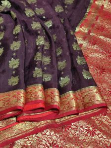 Brown And Red Crepe Silk Saree