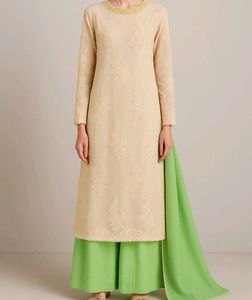 🪄Elegant Beige Embroidered Dress with Lime Green