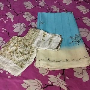 Blue Embridary Saree With Blouse